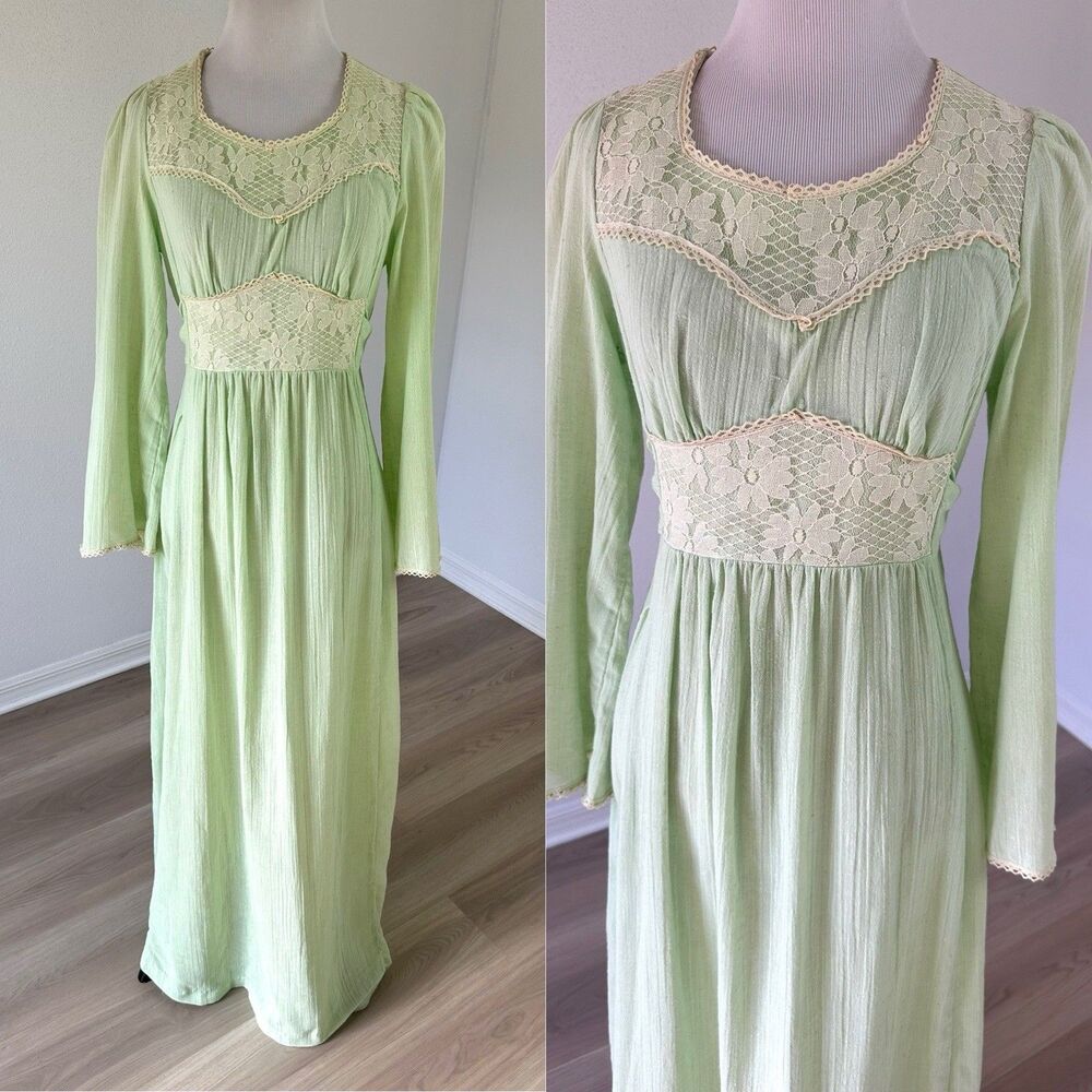 Vintage 60s 70s Mint Green Gauze Boho Prairie Bell Sleeve Dress S?